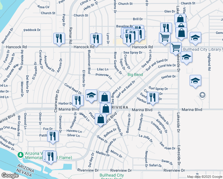 map of restaurants, bars, coffee shops, grocery stores, and more near 1924 Coronado Dr in Bullhead City