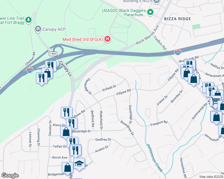 map of restaurants, bars, coffee shops, grocery stores, and more near 7123 Enfield Drive in Fayetteville