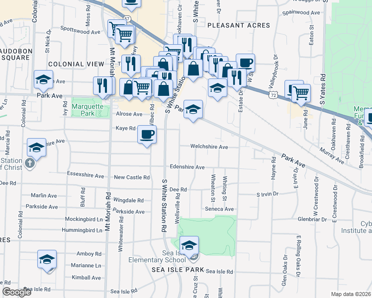 map of restaurants, bars, coffee shops, grocery stores, and more near 5187 Welchshire Avenue in Memphis