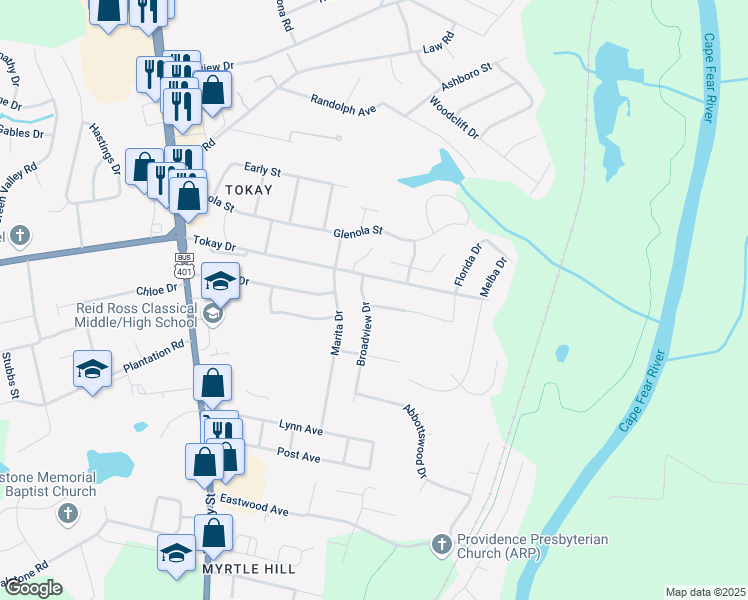 map of restaurants, bars, coffee shops, grocery stores, and more near 601 Biscayne Drive in Fayetteville