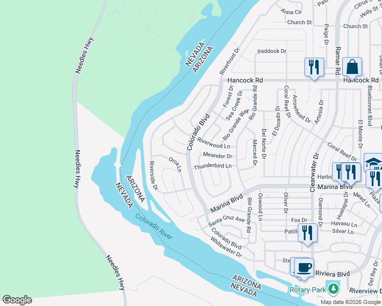 map of restaurants, bars, coffee shops, grocery stores, and more near 277 Meander Drive in Bullhead City