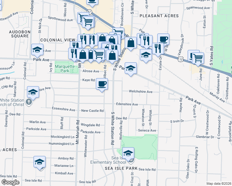 map of restaurants, bars, coffee shops, grocery stores, and more near 1052 South White Station Road in Memphis
