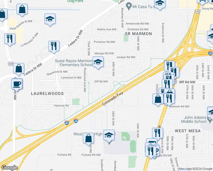 map of restaurants, bars, coffee shops, grocery stores, and more near 1516 Desert Bloom Street Northwest in Albuquerque