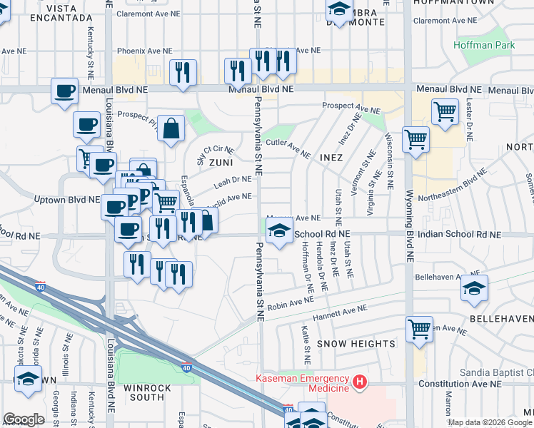 map of restaurants, bars, coffee shops, grocery stores, and more near 2001 Pennsylvania Street Northeast in Albuquerque