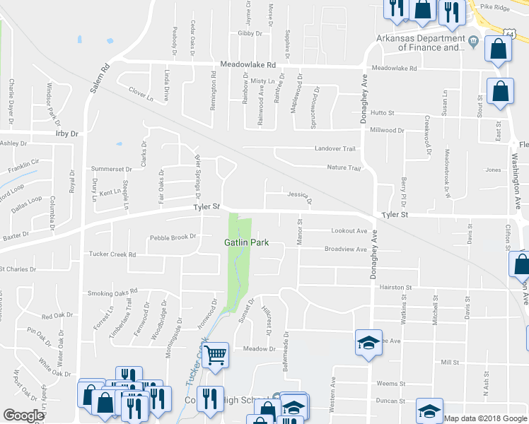 map of restaurants, bars, coffee shops, grocery stores, and more near 2435 Tyler Street in Conway