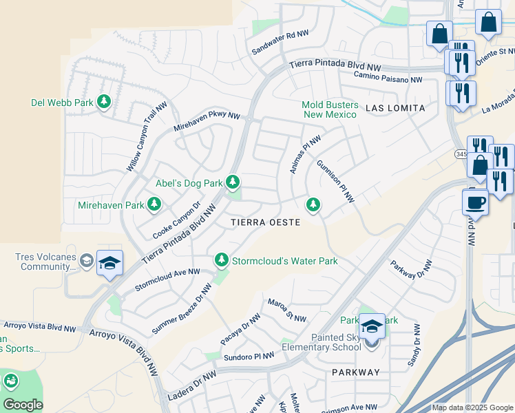 map of restaurants, bars, coffee shops, grocery stores, and more near 8800 Arkansas Road Northwest in Albuquerque