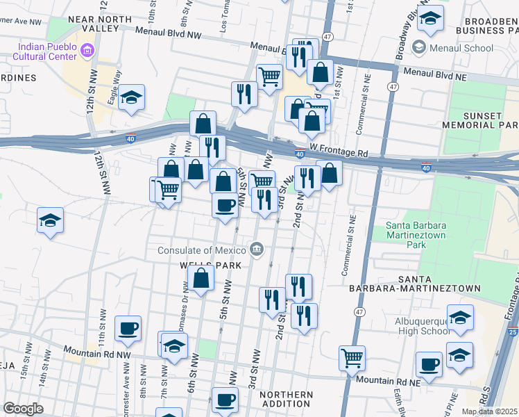 map of restaurants, bars, coffee shops, grocery stores, and more near 400 Haines Avenue Northwest in Albuquerque