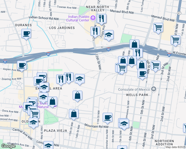 map of restaurants, bars, coffee shops, grocery stores, and more near 1235 Aspen Avenue Northwest in Albuquerque