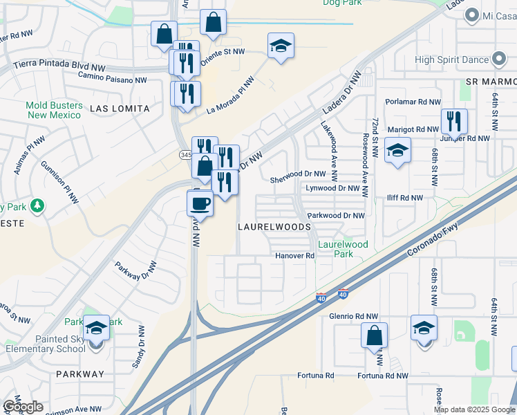 map of restaurants, bars, coffee shops, grocery stores, and more near 7828 Pinewood Drive Northwest in Albuquerque