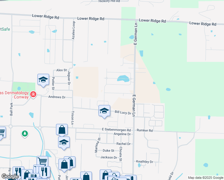 map of restaurants, bars, coffee shops, grocery stores, and more near 1630 Wills Drive in Conway