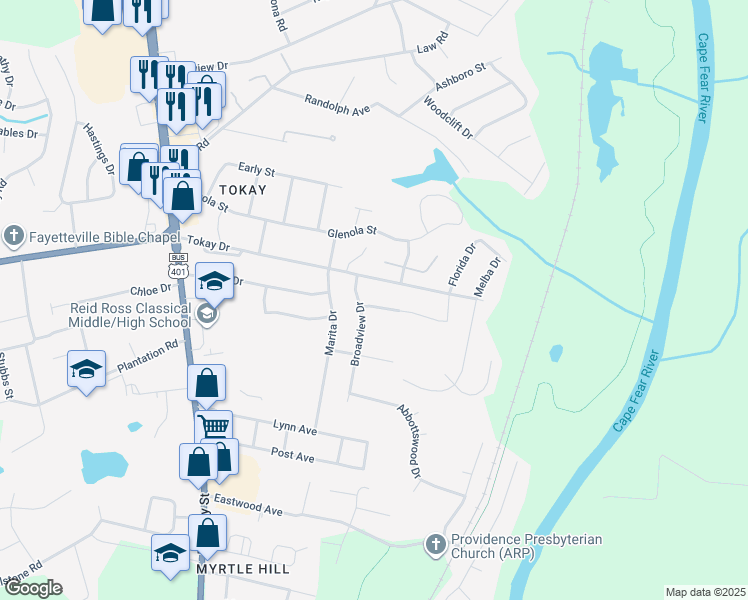 map of restaurants, bars, coffee shops, grocery stores, and more near 605 Biscayne Drive in Fayetteville