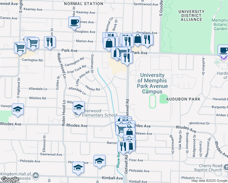 map of restaurants, bars, coffee shops, grocery stores, and more near 1033 McEvers Road in Memphis