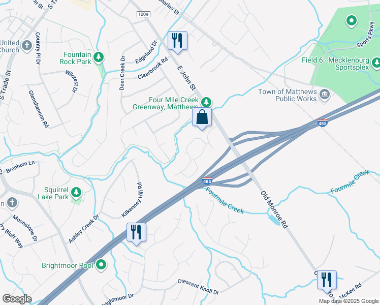 map of restaurants, bars, coffee shops, grocery stores, and more near 7910 Vinings Oak Lane in Matthews