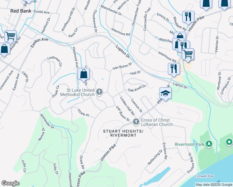 map of restaurants, bars, coffee shops, grocery stores, and more near 844 Linden Hall Road in Chattanooga