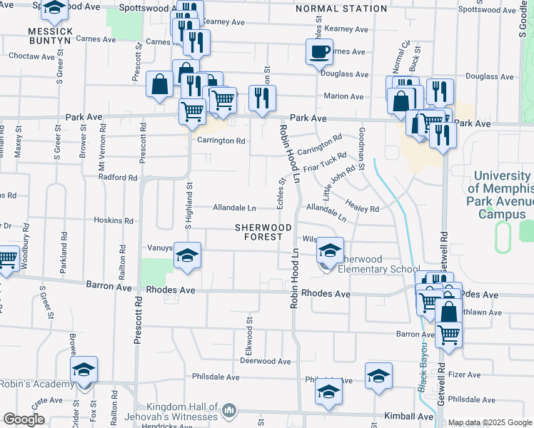 map of restaurants, bars, coffee shops, grocery stores, and more near 3635 Allandale Road in Memphis