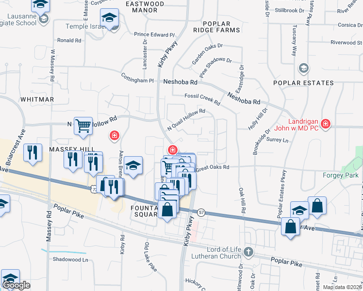 map of restaurants, bars, coffee shops, grocery stores, and more near 6720 Majestic Oak Place in Memphis