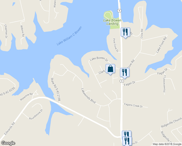 map of restaurants, bars, coffee shops, grocery stores, and more near 156 Lake Bowen Drive in Inman