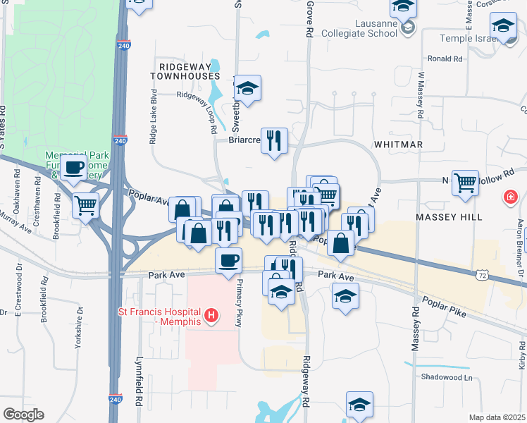 map of restaurants, bars, coffee shops, grocery stores, and more near 6000 Poplar Avenue in Memphis