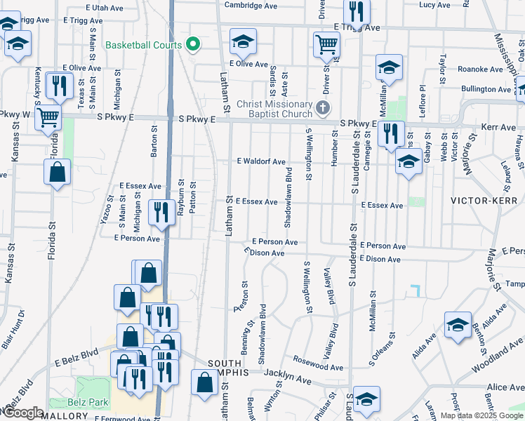 map of restaurants, bars, coffee shops, grocery stores, and more near 1619 Cameron Street in Memphis