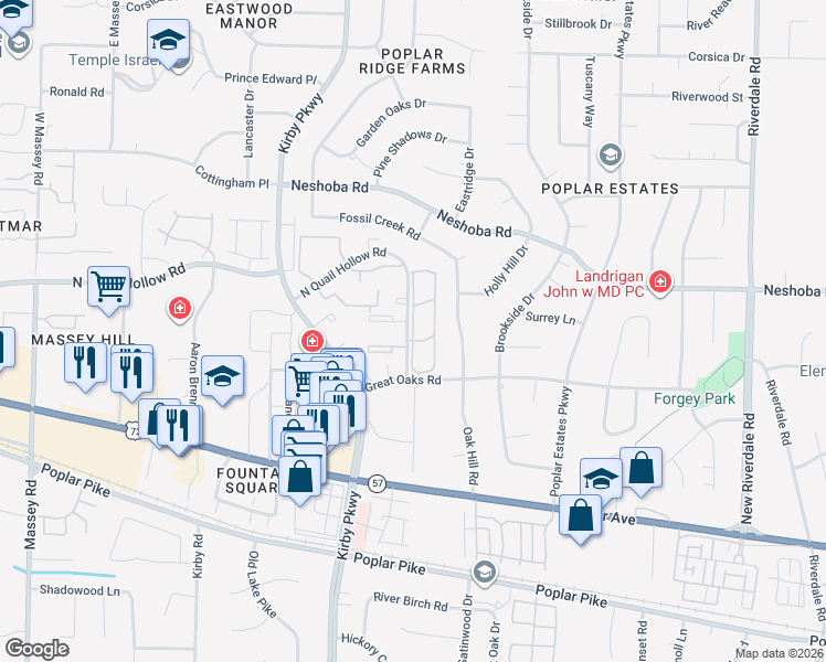 map of restaurants, bars, coffee shops, grocery stores, and more near Hunters Trace Drive in Memphis