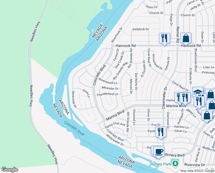 map of restaurants, bars, coffee shops, grocery stores, and more near 301 Meander Drive in Bullhead City