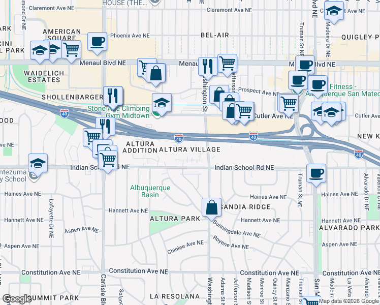 map of restaurants, bars, coffee shops, grocery stores, and more near in Albuquerque