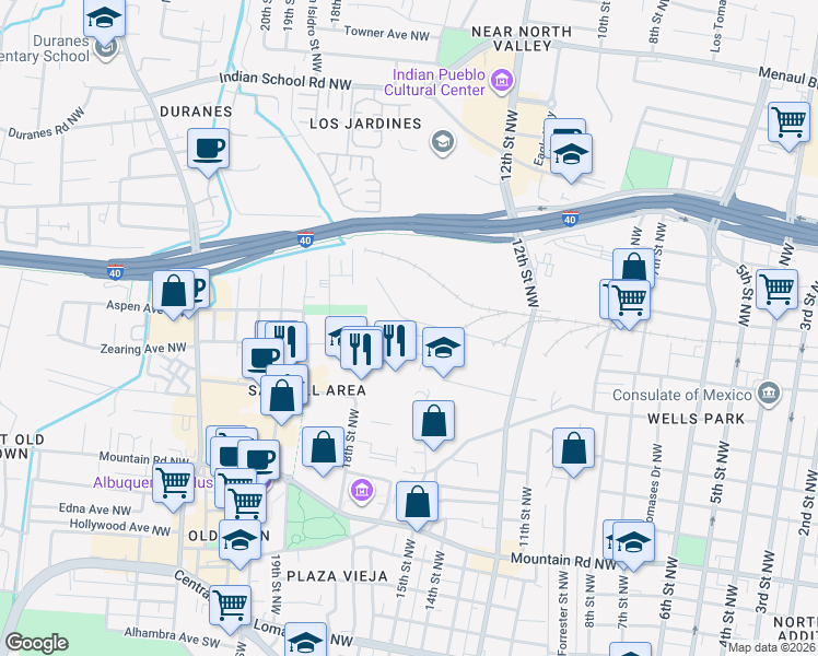 map of restaurants, bars, coffee shops, grocery stores, and more near 1619 Band Saw Drive Northwest in Albuquerque