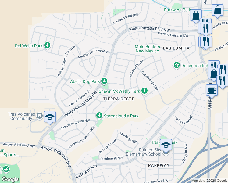 map of restaurants, bars, coffee shops, grocery stores, and more near 8800 Arkansas Road Northwest in Albuquerque