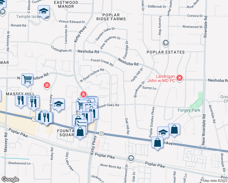 map of restaurants, bars, coffee shops, grocery stores, and more near 1690 Hunters Trace Drive in Memphis