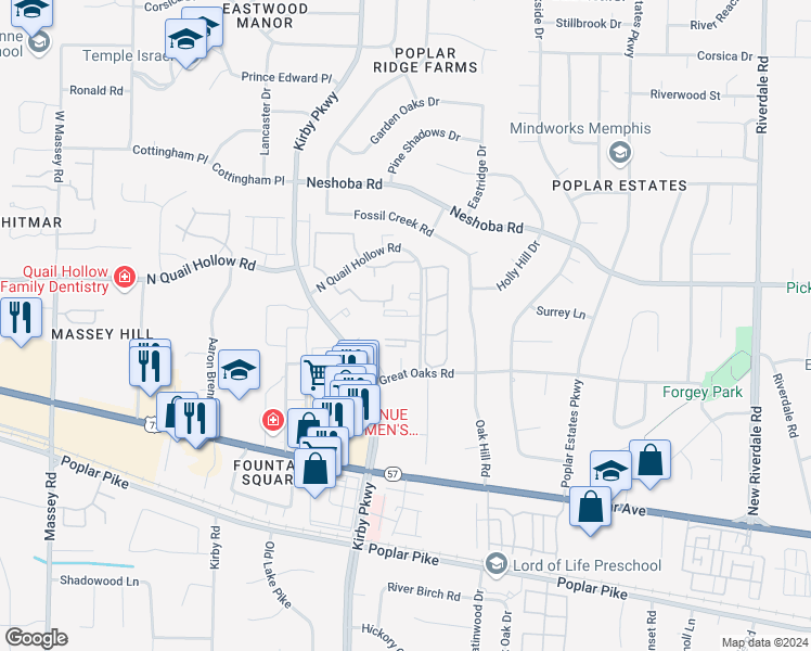 map of restaurants, bars, coffee shops, grocery stores, and more near 6770 Quail Hollow Court in Memphis