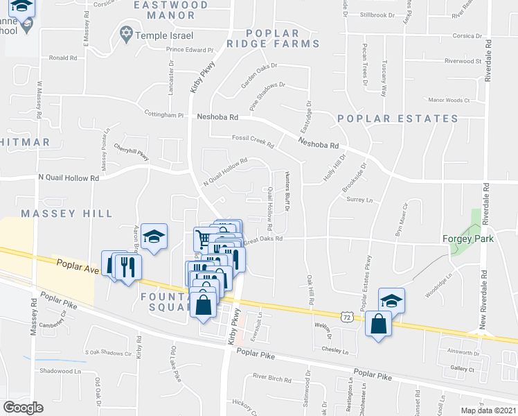 map of restaurants, bars, coffee shops, grocery stores, and more near 6770 Quail Hollow Court in Memphis