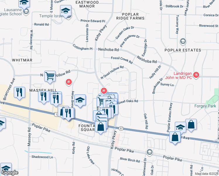 map of restaurants, bars, coffee shops, grocery stores, and more near 6720 Majestic Oak Place in Memphis
