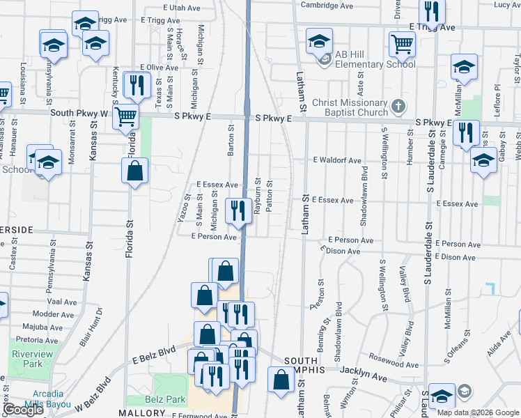 map of restaurants, bars, coffee shops, grocery stores, and more near 1624 Patton Street in Memphis