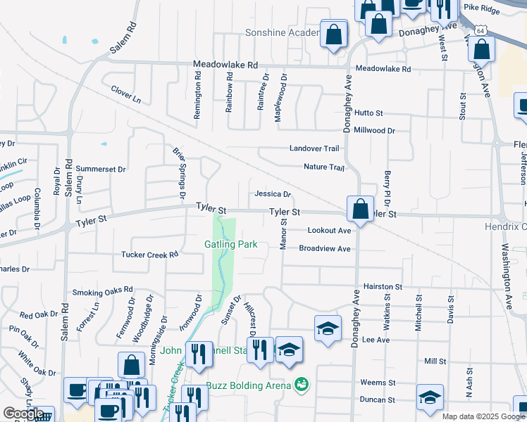 map of restaurants, bars, coffee shops, grocery stores, and more near 2330 Tyler Street in Conway