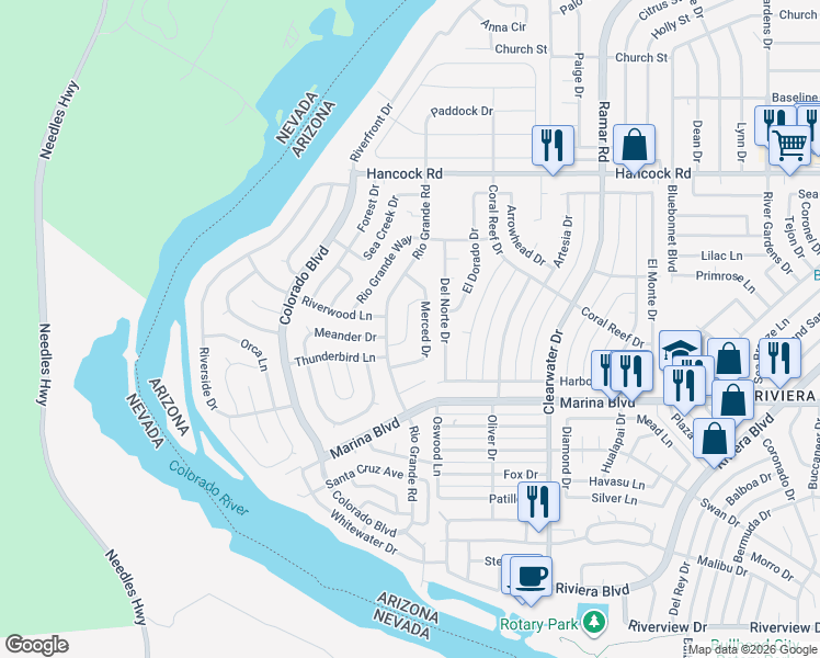 map of restaurants, bars, coffee shops, grocery stores, and more near 360 Meander Dr in Bullhead City