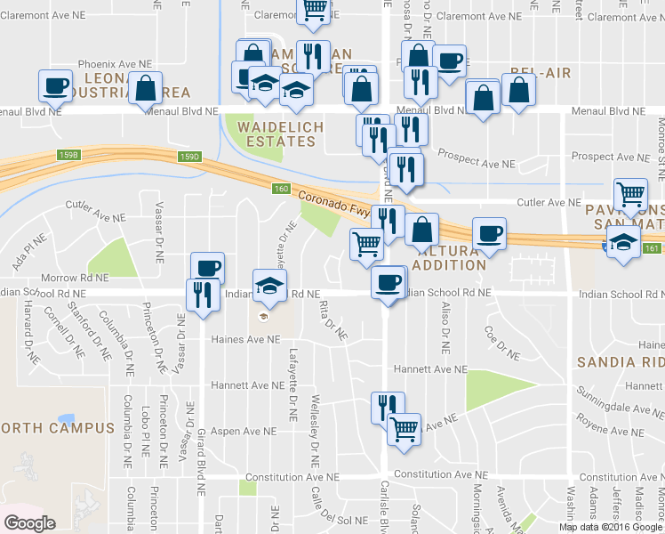 map of restaurants, bars, coffee shops, grocery stores, and more near 1717 Indian Plaza Drive Northeast in Albuquerque