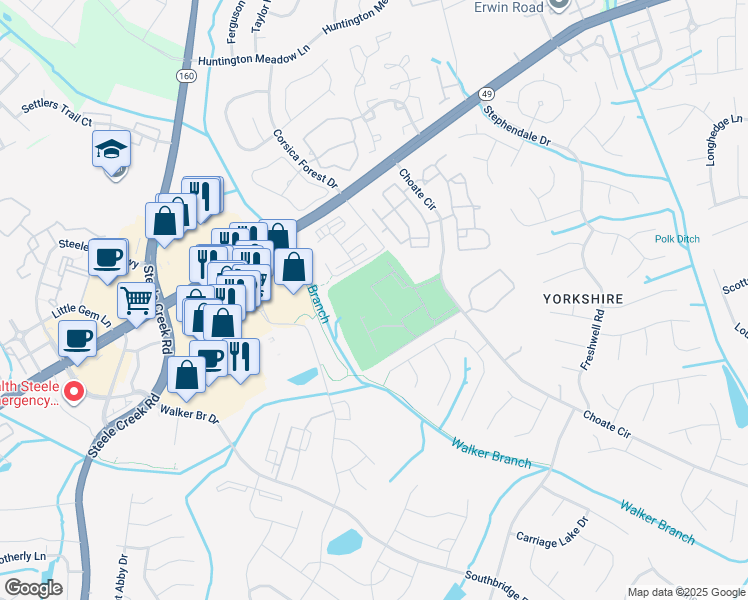 map of restaurants, bars, coffee shops, grocery stores, and more near 13530 Choate Circle in Charlotte