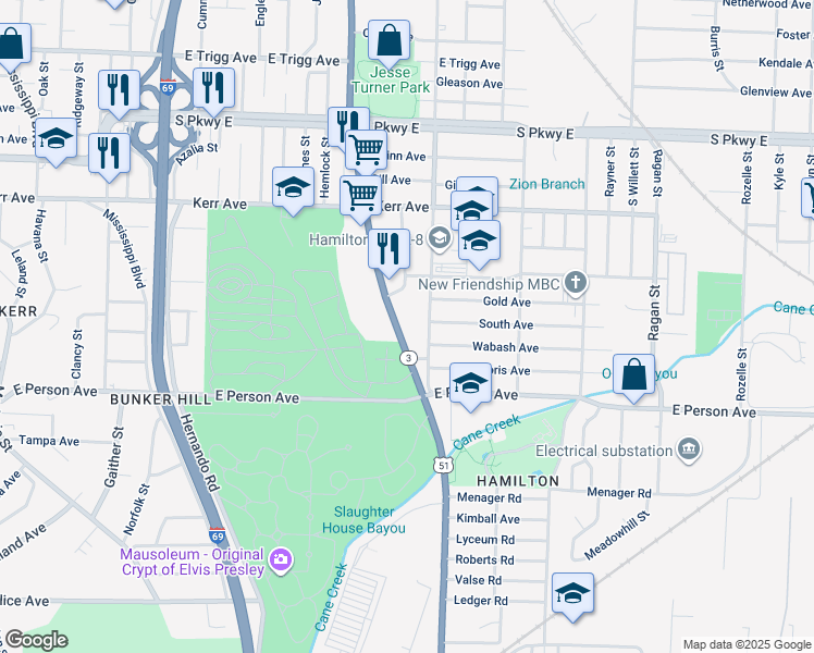 map of restaurants, bars, coffee shops, grocery stores, and more near 1598 Elvis Presley Blvd in Memphis