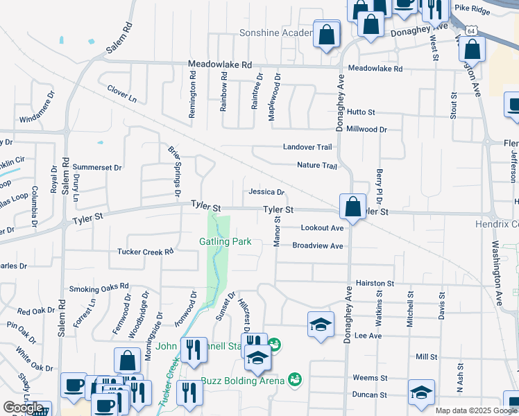map of restaurants, bars, coffee shops, grocery stores, and more near 2330 Tyler Street in Conway