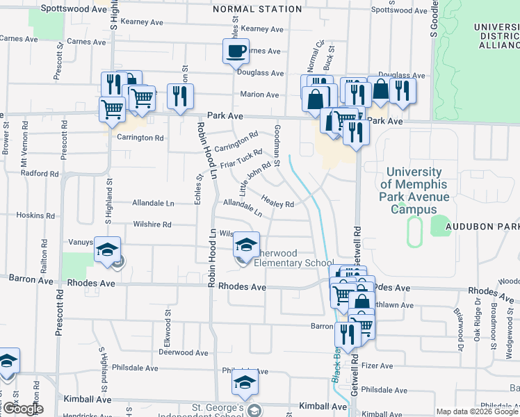 map of restaurants, bars, coffee shops, grocery stores, and more near 3768 Allandale Lane in Memphis