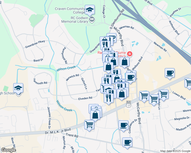 map of restaurants, bars, coffee shops, grocery stores, and more near 1410 Thorpe-Abbotts Lane in New Bern
