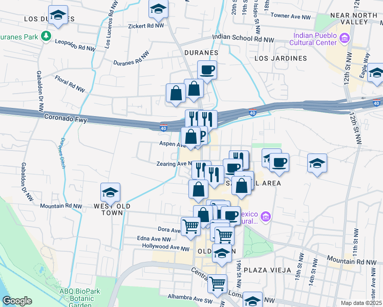 map of restaurants, bars, coffee shops, grocery stores, and more near 901 Rio Grande Boulevard Northwest in Albuquerque