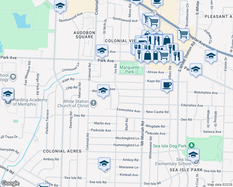 map of restaurants, bars, coffee shops, grocery stores, and more near 1049 Ivy Road in Memphis