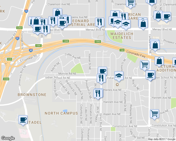 map of restaurants, bars, coffee shops, grocery stores, and more near 1707 Vassar Drive Northeast in Albuquerque