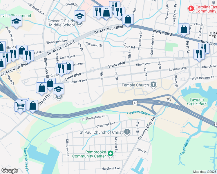 map of restaurants, bars, coffee shops, grocery stores, and more near 1815 Park Avenue in New Bern