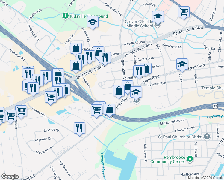 map of restaurants, bars, coffee shops, grocery stores, and more near 2405 Meadowbrook Avenue in New Bern