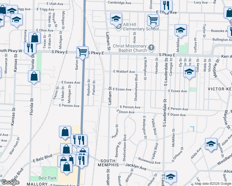 map of restaurants, bars, coffee shops, grocery stores, and more near 1619 Preston Street in Memphis