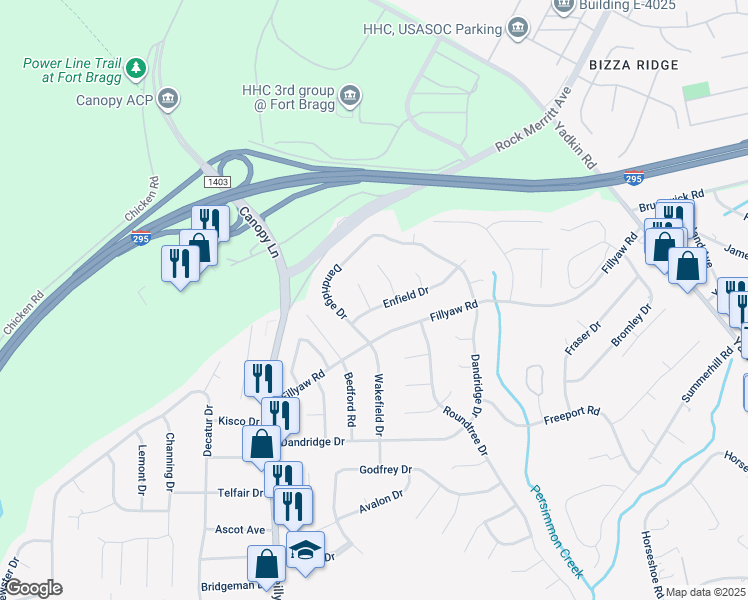map of restaurants, bars, coffee shops, grocery stores, and more near 7142 Enfield Drive in Fayetteville