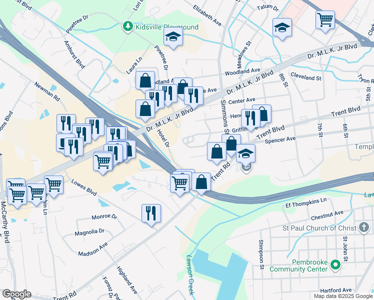 map of restaurants, bars, coffee shops, grocery stores, and more near 2411 Meadowbrook Avenue in New Bern