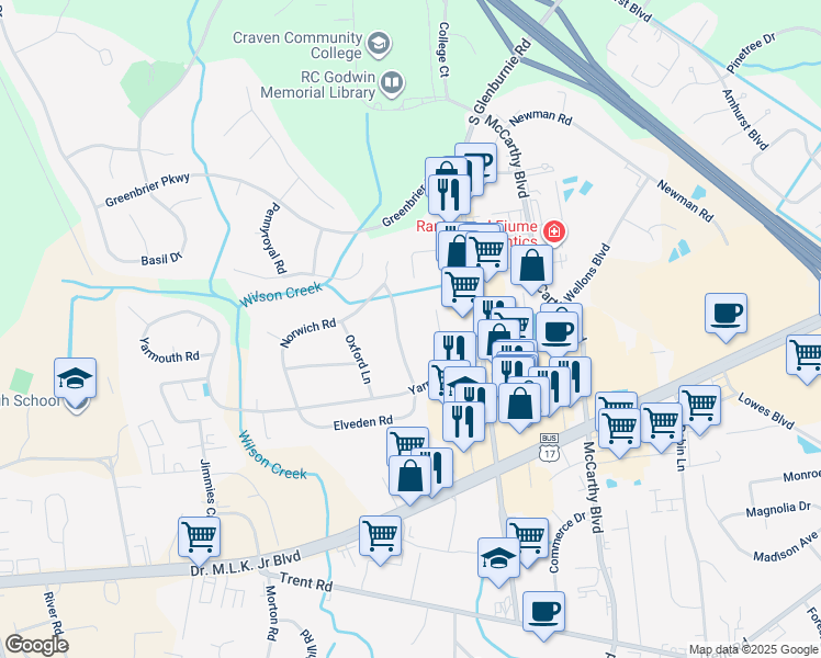 map of restaurants, bars, coffee shops, grocery stores, and more near 1410 Thorpe-Abbotts Lane in New Bern